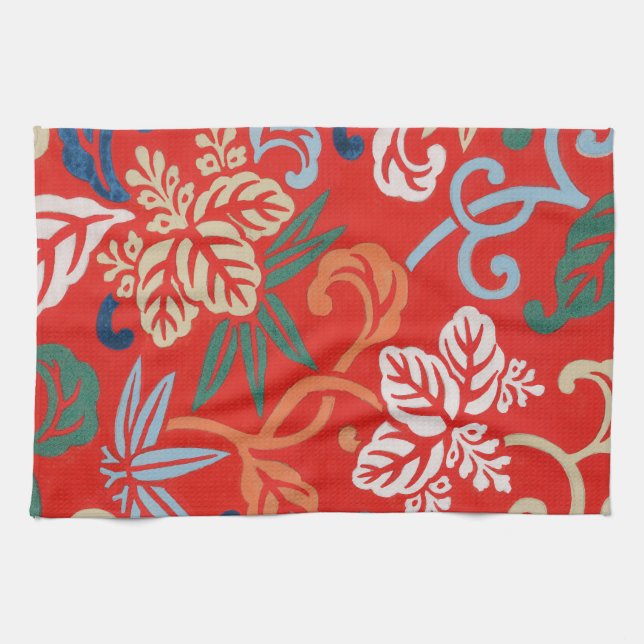 Red Hawaiian Japanese Kimono: Vintage Floral Tea Towel (Horizontal)