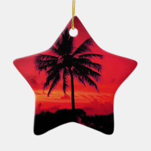 Red Hawaiian Sunset Exotic Palm Trees Ceramic Ornament