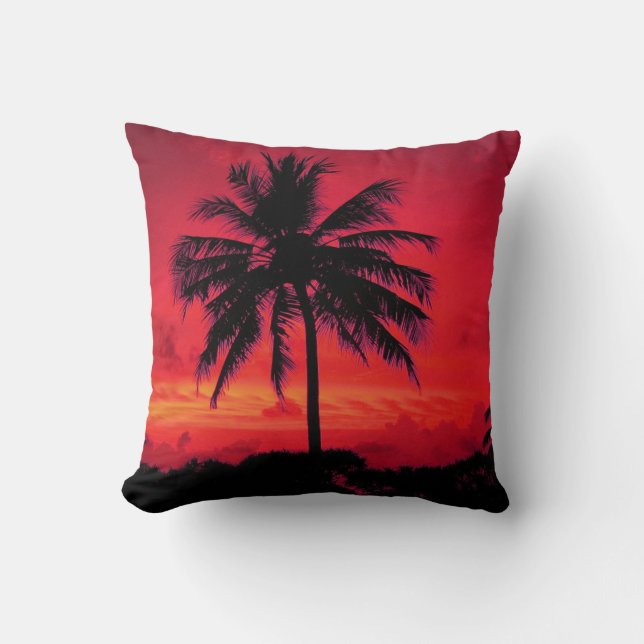 Red Hawaiian Sunset Exotic Palm Trees Cushion (Front)