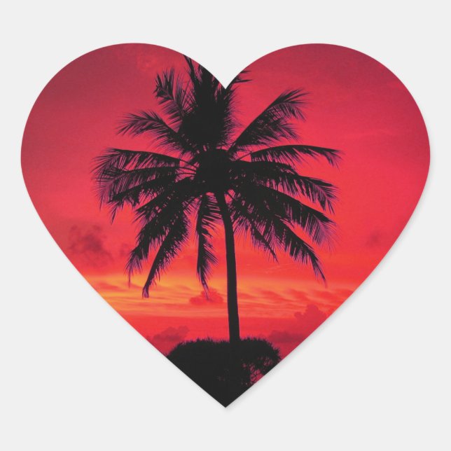 Red Hawaiian Sunset Exotic Palm Trees Heart Sticker (Front)