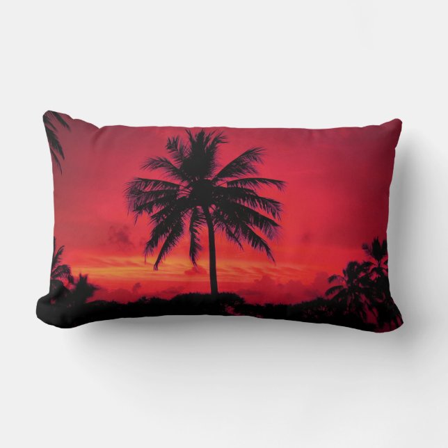 Red Hawaiian Sunset Exotic Palm Trees Lumbar Cushion (Front)