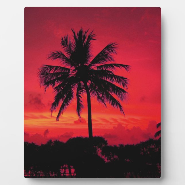 Red Hawaiian Sunset Exotic Palm Trees Plaque (Front)