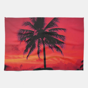 Red Hawaiian Sunset Exotic Palm Trees Tea Towel
