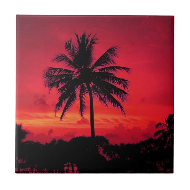 Red Hawaiian Sunset Exotic Palm Trees Tile (Front)