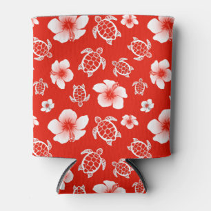 Red Hawaiian Turtles and Hibiscus Can Cooler