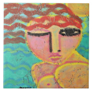 Red Head at the Beach Abstract Portrait on OSB Ceramic Tile
