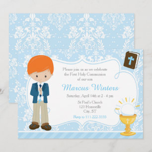 Red Head Boy First Communion Damask Invitation