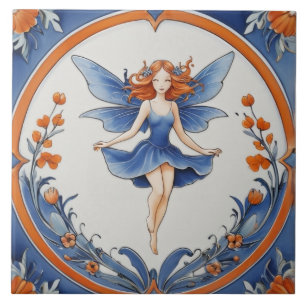 Red Head Fairy in Nature Blue & Orange Floral Ceramic Tile