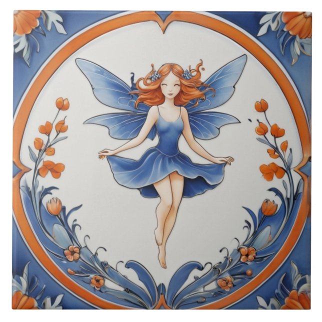 Red Head Fairy in Nature Blue & Orange Floral Ceramic Tile (Front)