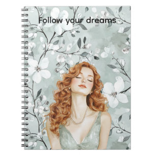 Red Head Lady Mint Dress Floral Notebook