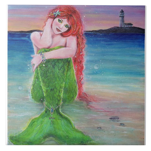 Red head mermaid on the beach with lighthouse. tile (Front)