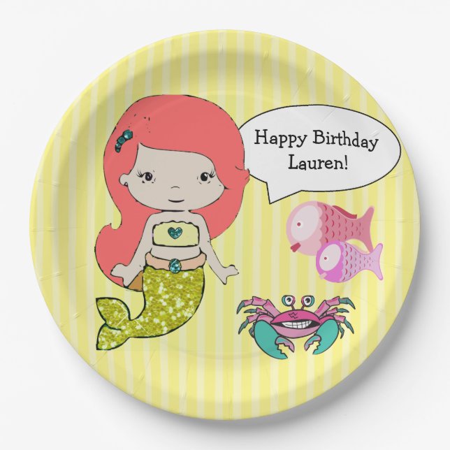 Red Head Mermaid Yellow Birthday Party Plates (Front)