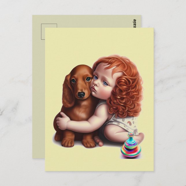 Red Head toddler hugging Dachshund Postcard (Front/Back)