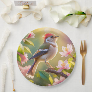 Red Headed Buff Chested Warbler Fantasy Bird Paper Plate