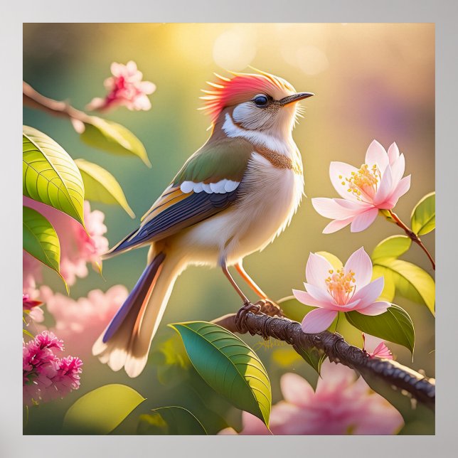 Red Headed Buff Chested Warbler Fantasy Bird Poster (Front)