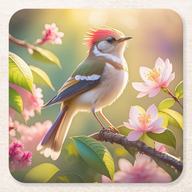 Red Headed Buff Chested Warbler Fantasy Bird Square Paper Coaster (Front)