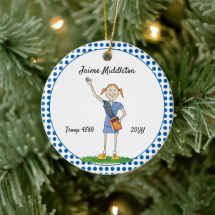 Red Headed Cadette Girl Scouting Blue Polka-Dots Ceramic Tree Decoration