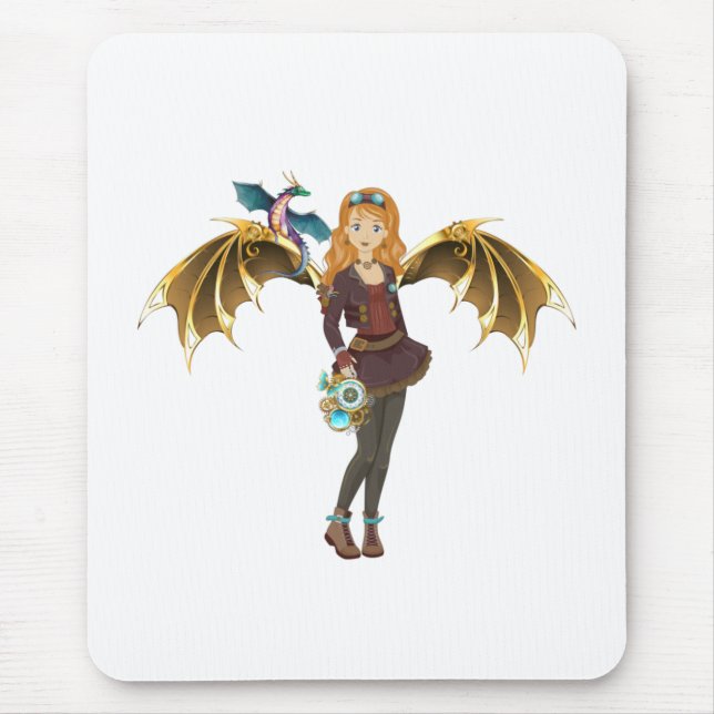 Red-Headed Steampunk Dragon Girl  Mouse Pad (Front)