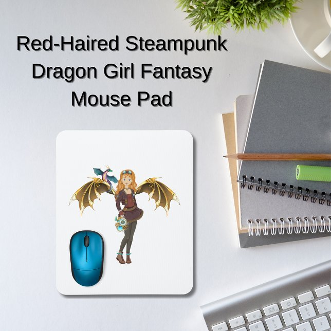 Red-Headed Steampunk Dragon Girl  Mouse Pad (Steampunk dragon girl with dragonet companion)