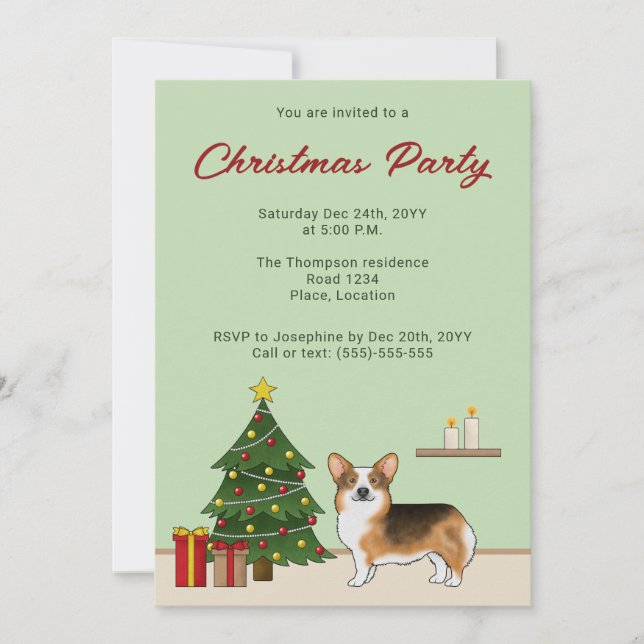 Red Headed Tri Pembroke Welsh Corgi Christmas Tree Invitation (Front)