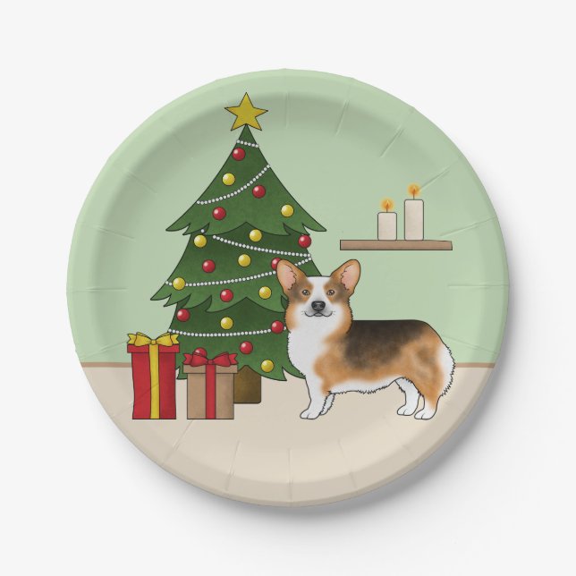 Red Headed Tri Pembroke Welsh Corgi Christmas Tree Paper Plate (Front)