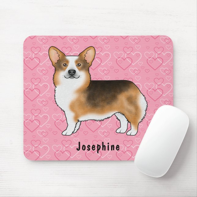 Red Headed Tri Pembroke Welsh Corgi Hearts & Name Mouse Pad (With Mouse)