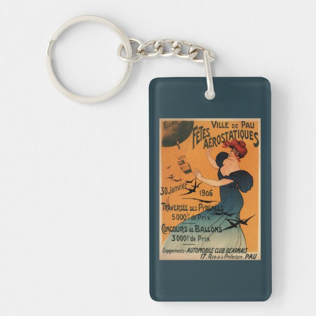 Red-Headed Woman Awaits Balloons Birds Poster Key Ring (Front)