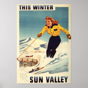 Red-headed Woman Smiling and Skiing Poster