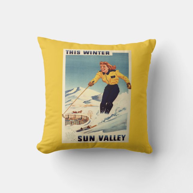 Red-headed Woman Smiling and Skiing Poster Cushion (Front)