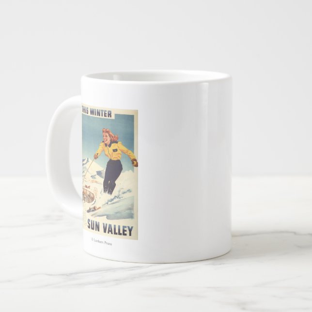 Red-headed Woman Smiling and Skiing Poster Large Coffee Mug (Front Left)