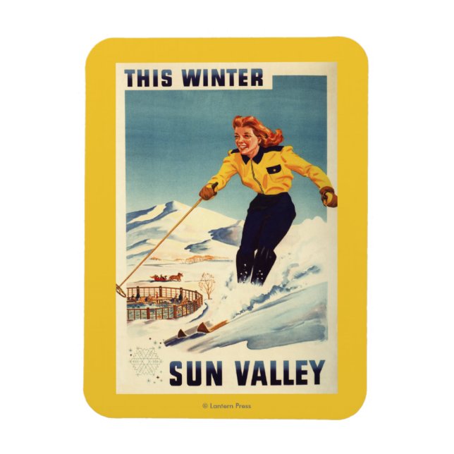 Red-headed Woman Smiling and Skiing Poster Magnet (Vertical)