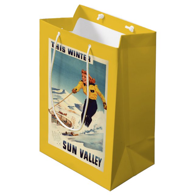 Red-headed Woman Smiling and Skiing Poster Medium Gift Bag (Front Angled)