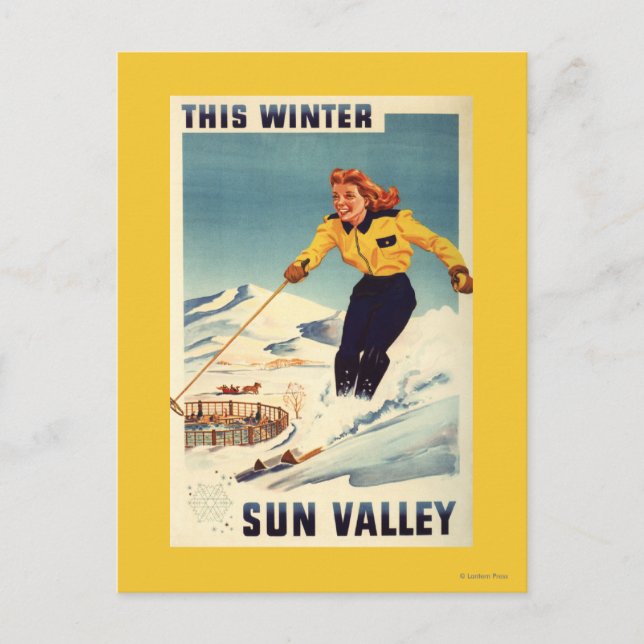 Red-headed Woman Smiling and Skiing Poster Postcard (Front)