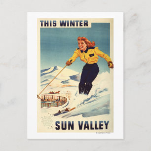 Red-headed Woman Smiling and Skiing Poster Postcard