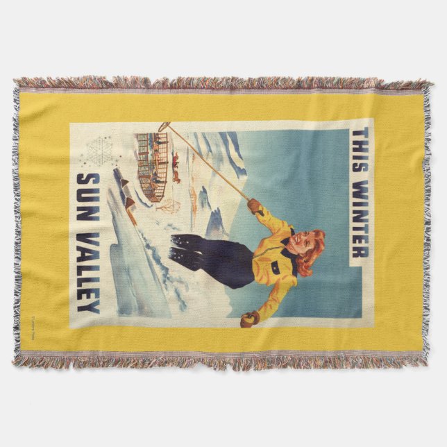 Red-headed Woman Smiling and Skiing Poster Throw Blanket (Front)