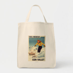 Red-headed Woman Smiling and Skiing Poster Tote Bag