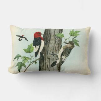 Red-Headed Woodpeckers Nature Antique Tree Lumbar Cushion