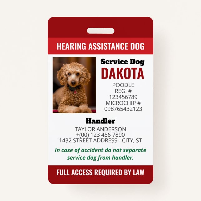 Red Hearing Assistance Dog Logo QR Photo ID ID Badge (Front)