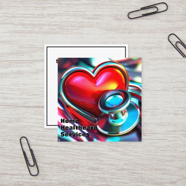 Red Heart and  Chrome Stethoscope  Healthcare Square Business Card (Front/Back In Situ)