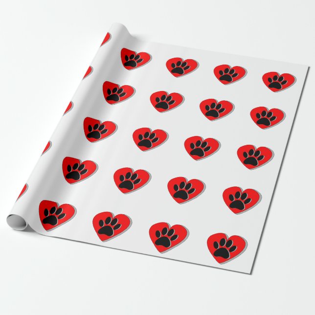 Red Heart And Dog Paw Print Wrapping Paper (Unrolled)