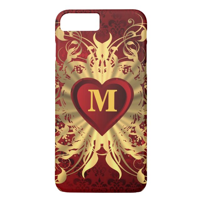 Red heart and gold pattern monogrammed Case-Mate iPhone case (Back)