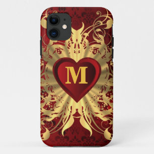 Red heart and gold pattern monogrammed iPhone 11 case