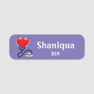 Red Heart and Stethoscope Medical Purple Name Tag