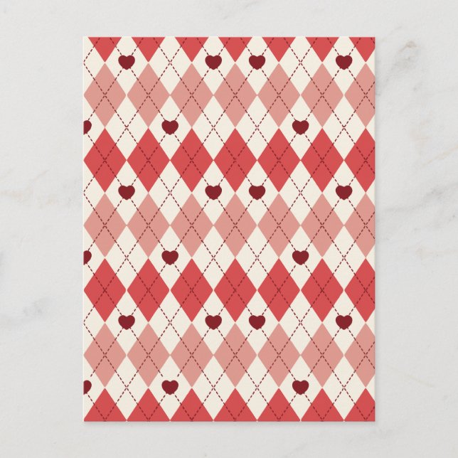 Red Heart Argyle Seamless Pattern Cute Romance Postcard (Front)