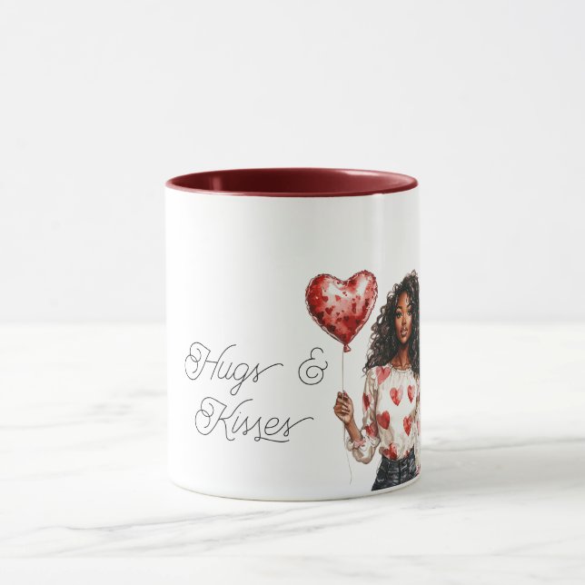 Red Heart Balloon Black Girl Valentine Hugs Kisses Mug (Center)