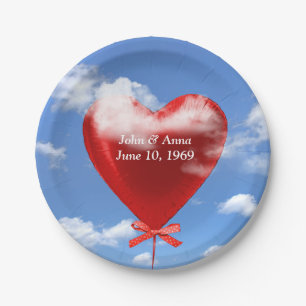 Red heart balloon in clouds for anniversary paper plate