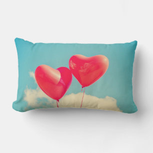 Red Heart Balloons Against Cloudy Sky Lumbar Cushion