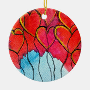 Red heart balloons Valentine watercolor Ceramic Ornament