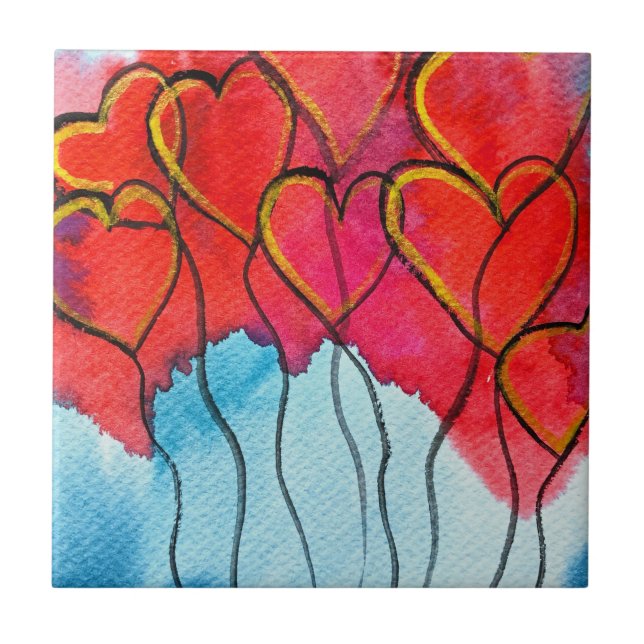 Red heart balloons Valentine watercolor Ceramic Tile (Front)