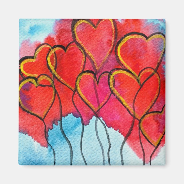 Red heart balloons Valentine watercolor Magnet (Front)